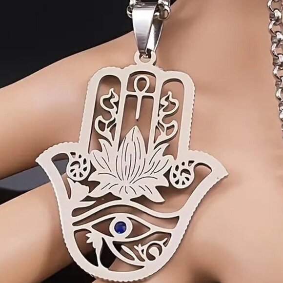 Stainless Steel Hamsa Hand Lotus Eye Ankh Pendant Necklace Protection Jewelry NE - Picture 1 of 5